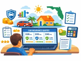 Colorful illustration of a Florida driver comparing full coverage auto insurance quotes online with laptop, car insurance icons, savings chart, and Florida symbols.