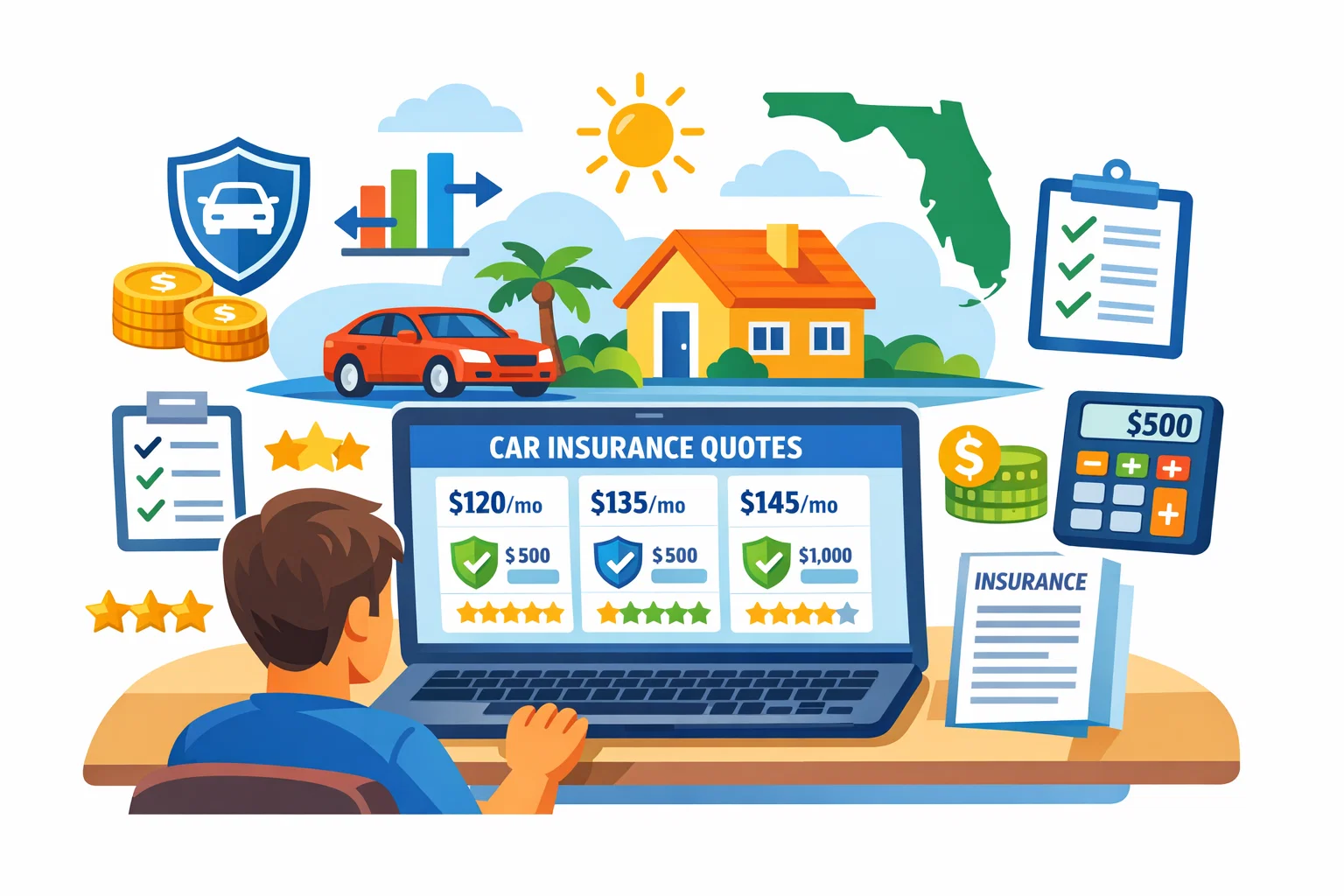 Colorful illustration of a Florida driver comparing full coverage auto insurance quotes online with laptop, car insurance icons, savings chart, and Florida symbols.