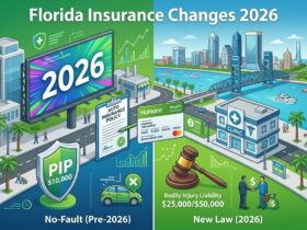 An isometric illustration comparing current Florida no-fault insurance rules with 2026 changes, featuring a Jacksonville skyline and icons for PIP, Bodily Injury Liability, and Humana health insurance.