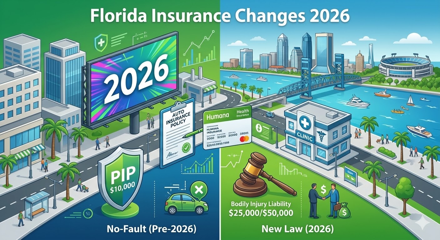 An isometric illustration comparing current Florida no-fault insurance rules with 2026 changes, featuring a Jacksonville skyline and icons for PIP, Bodily Injury Liability, and Humana health insurance.