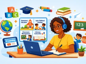 Colorful illustration of a student studying for an online elementary education degree with laptop, teaching icons, and elementary learning symbols.