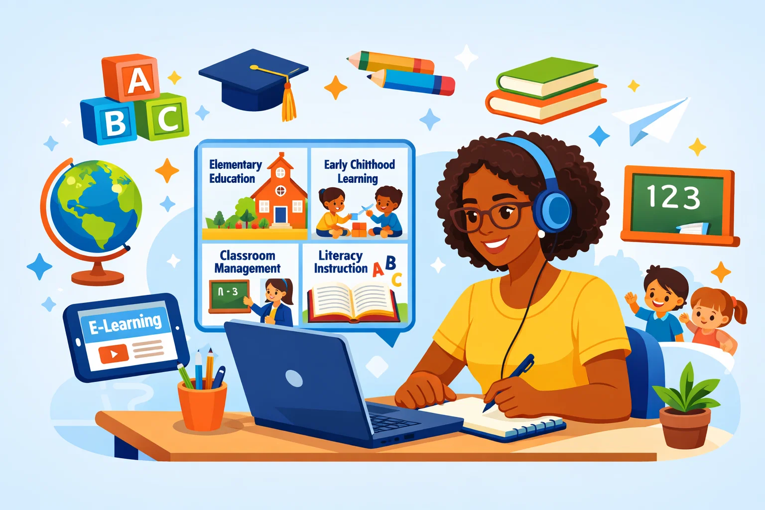 Colorful illustration of a student studying for an online elementary education degree with laptop, teaching icons, and elementary learning symbols.