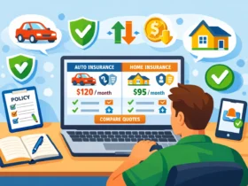 Colorful illustration of a driver comparing car and home insurance quotes online with laptop, house and car insurance icons, and savings chart.