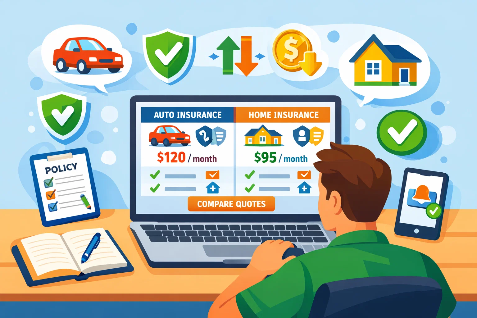 Colorful illustration of a driver comparing car and home insurance quotes online with laptop, house and car insurance icons, and savings chart.