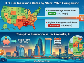 An infographic illustrating 2026 car insurance rates. The top part compares average rates across all 50 U.S. states on a map, showing color variations from lowest (green) to highest (red)