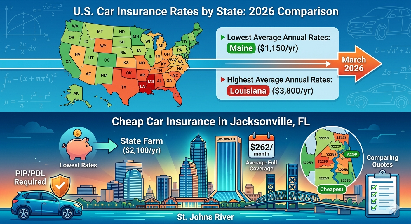 An infographic illustrating 2026 car insurance rates. The top part compares average rates across all 50 U.S. states on a map, showing color variations from lowest (green) to highest (red)