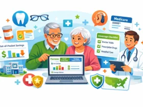 Senior couple comparing Humana Medicare Advantage health insurance plans on a laptop with icons for dental, vision, hearing, prescription drugs, and healthcare coverage benefits.