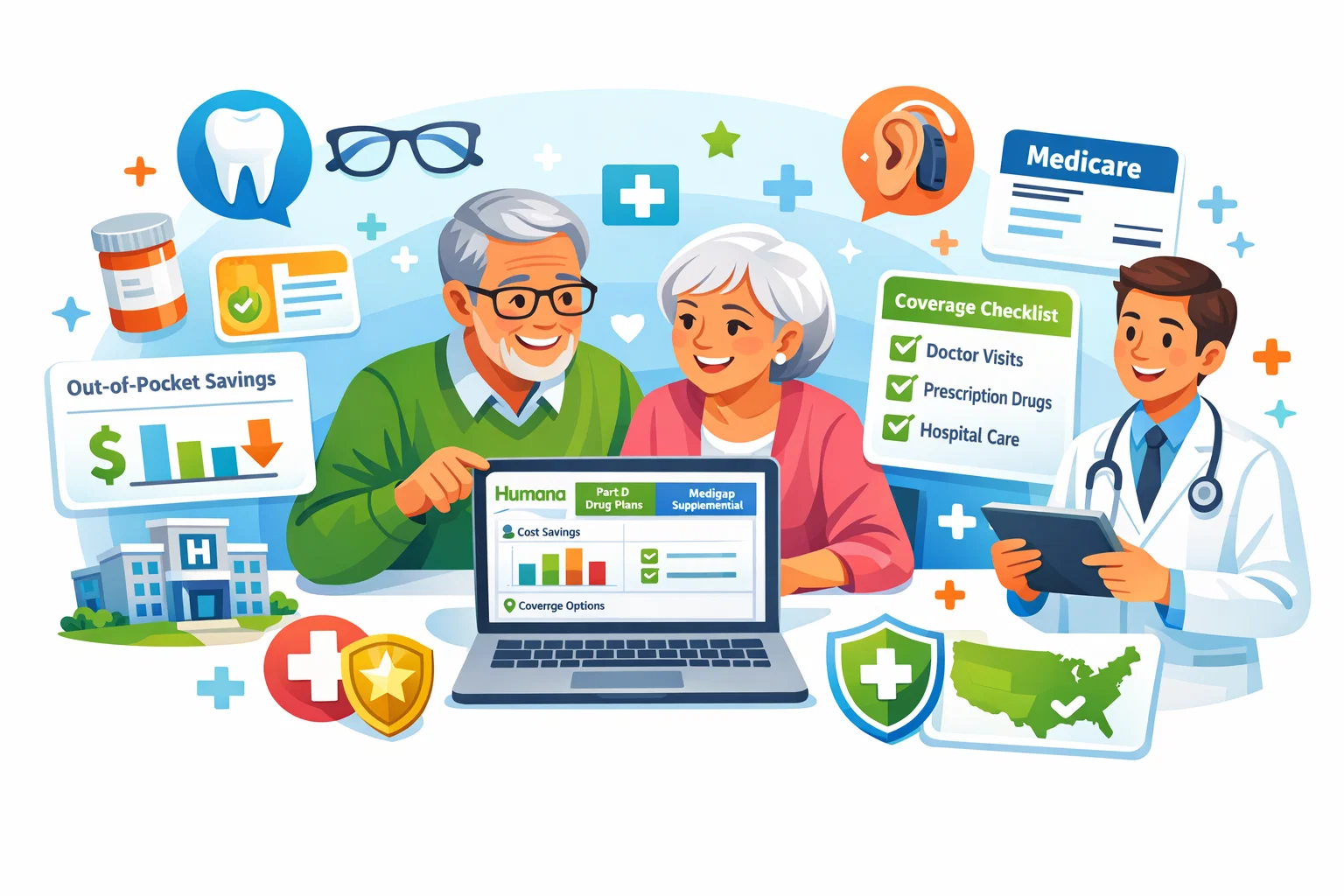 Senior couple comparing Humana Medicare Advantage health insurance plans on a laptop with icons for dental, vision, hearing, prescription drugs, and healthcare coverage benefits.