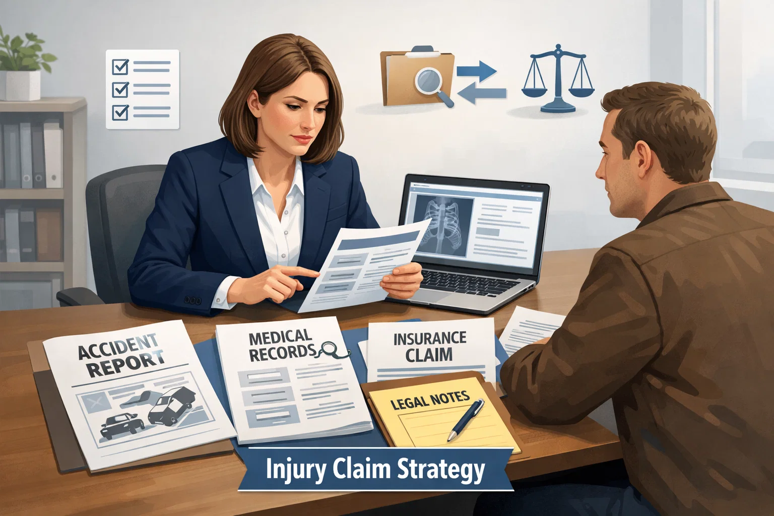 Personal injury lawyer reviewing insurance claim documents with client Professional legal strategy concept for complex injury case handling
