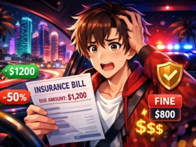 Anime-style driver worried about high insurance after DUI in Miami Colorful illustration showing car insurance costs, police lights, and city skyline
