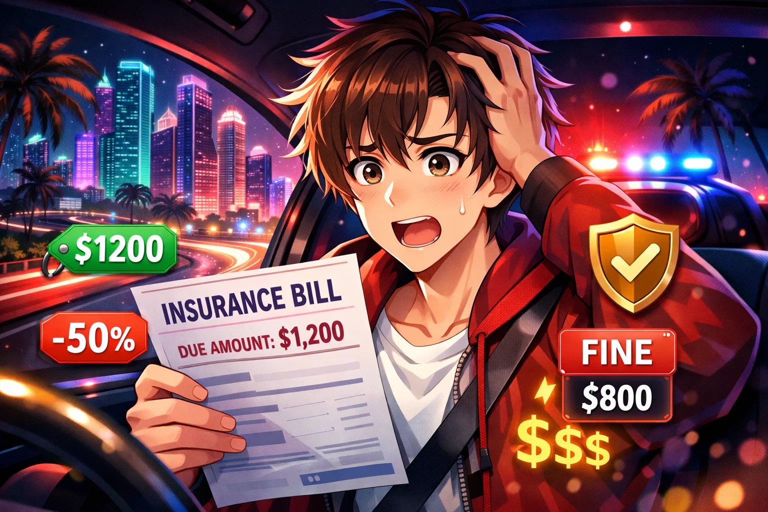 Anime-style driver worried about high insurance after DUI in Miami Colorful illustration showing car insurance costs, police lights, and city skyline