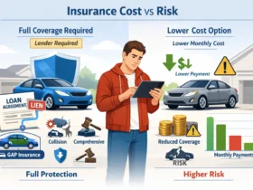 Financed car owner comparing full coverage insurance and lower monthly cost Illustration showing risk versus savings in car insurance decisions