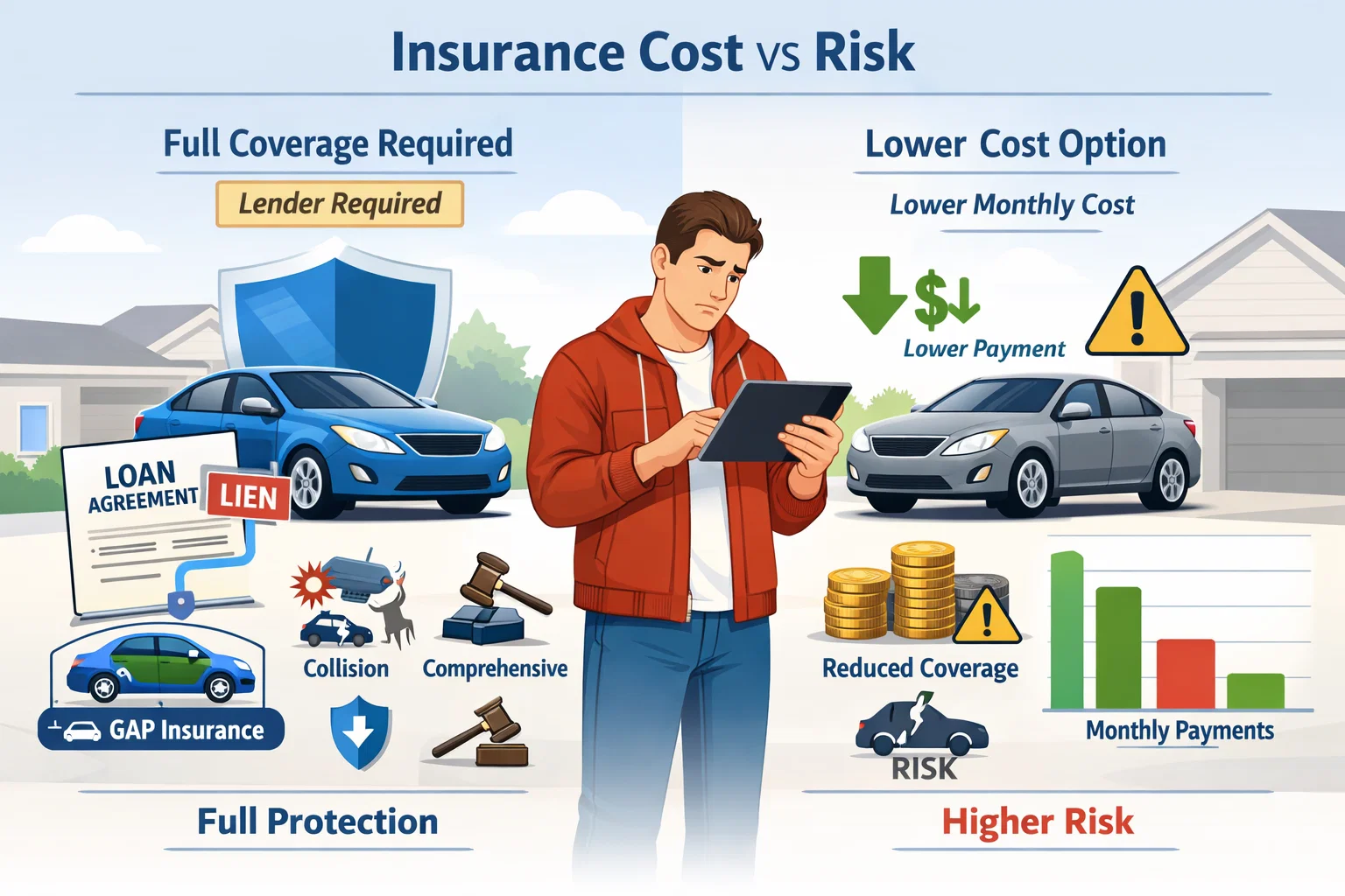 Financed car owner comparing full coverage insurance and lower monthly cost Illustration showing risk versus savings in car insurance decisions
