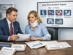 Lawyer assessing long-term impact of car accident injuries with client Illustration showing future medical costs and compensation planning