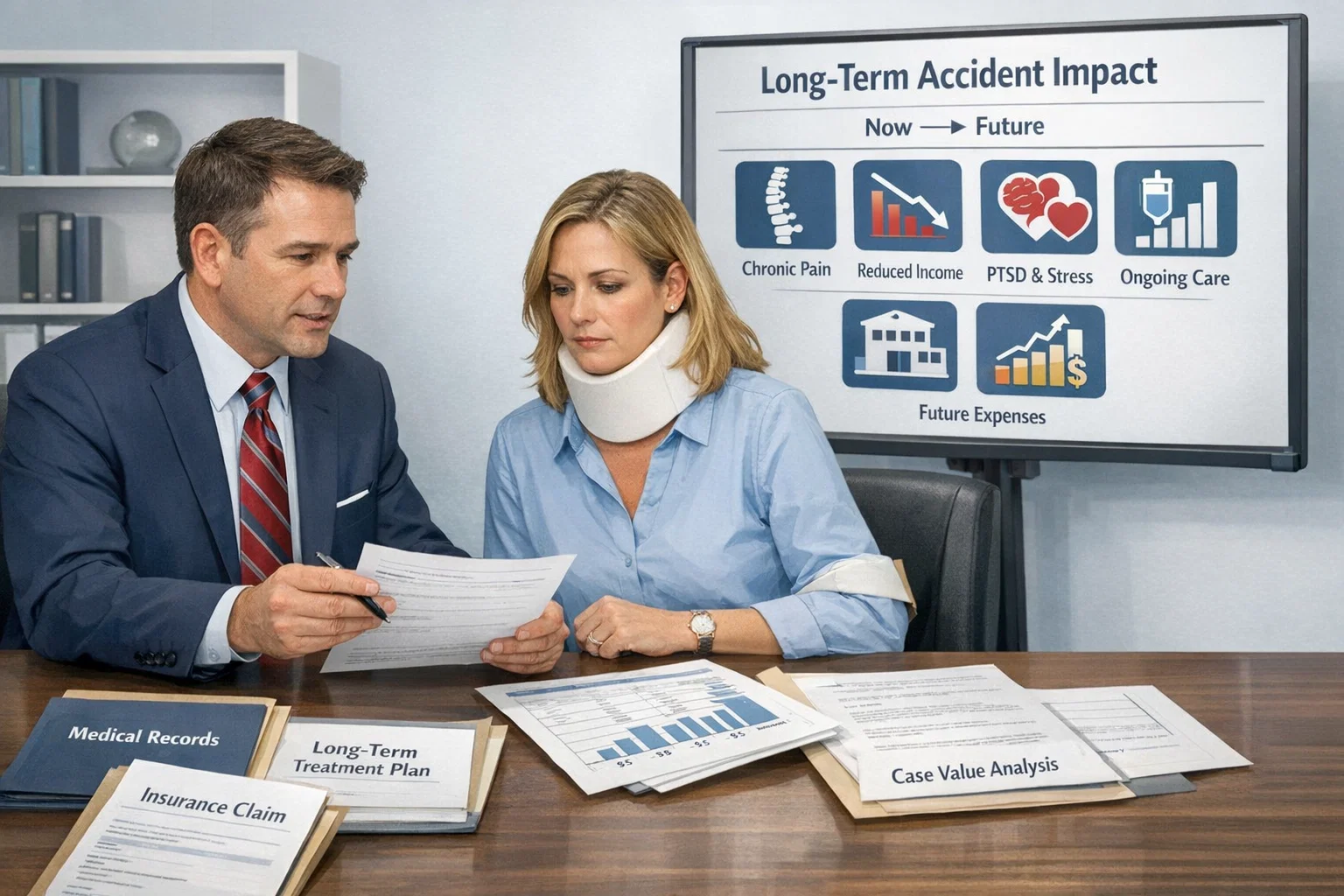 Lawyer assessing long-term impact of car accident injuries with client Illustration showing future medical costs and compensation planning