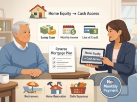 Senior homeowner learning reverse mortgage options with financial advisor Illustration showing home equity converted into cash for retirement