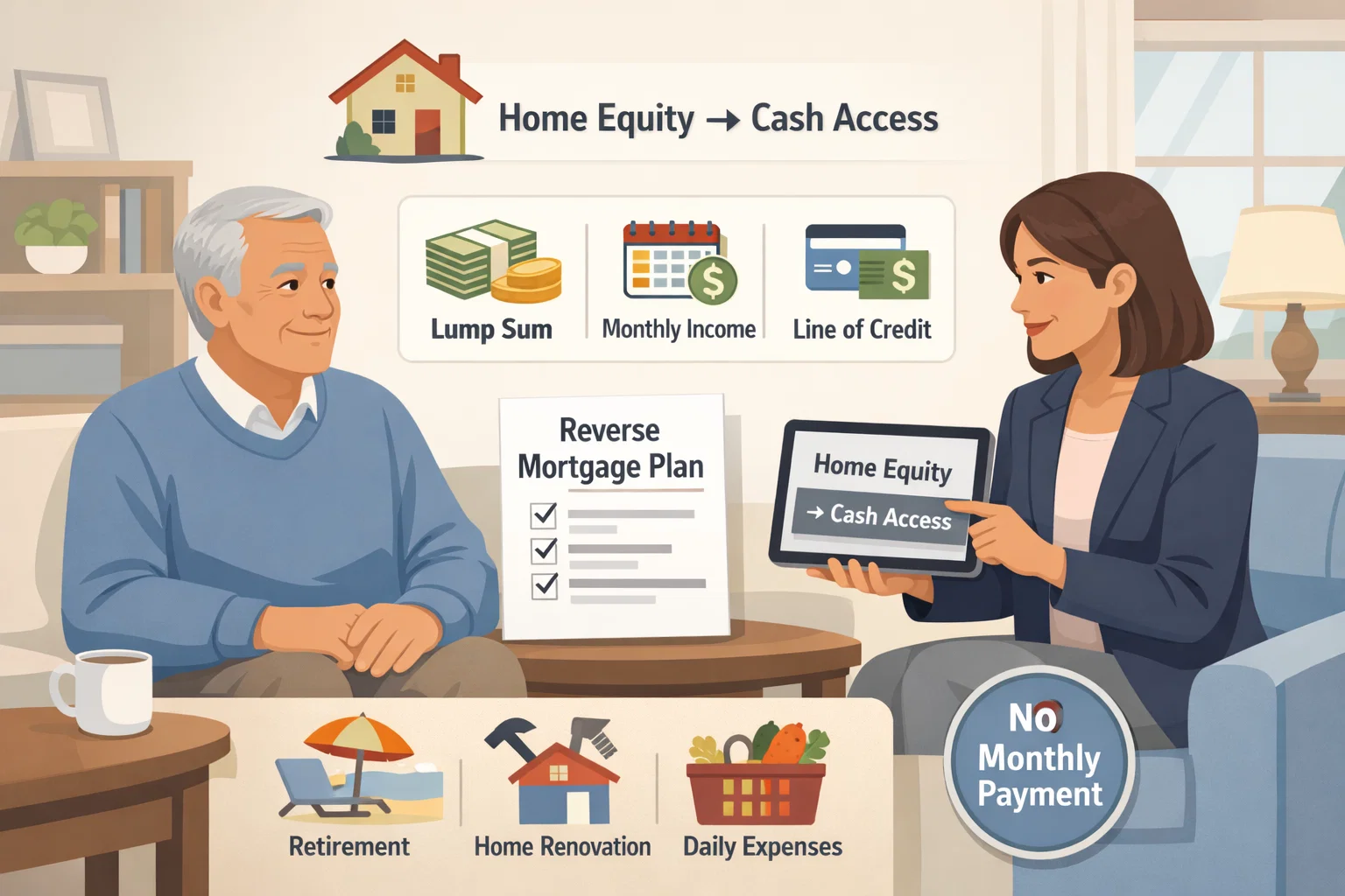 Senior homeowner learning reverse mortgage options with financial advisor Illustration showing home equity converted into cash for retirement
