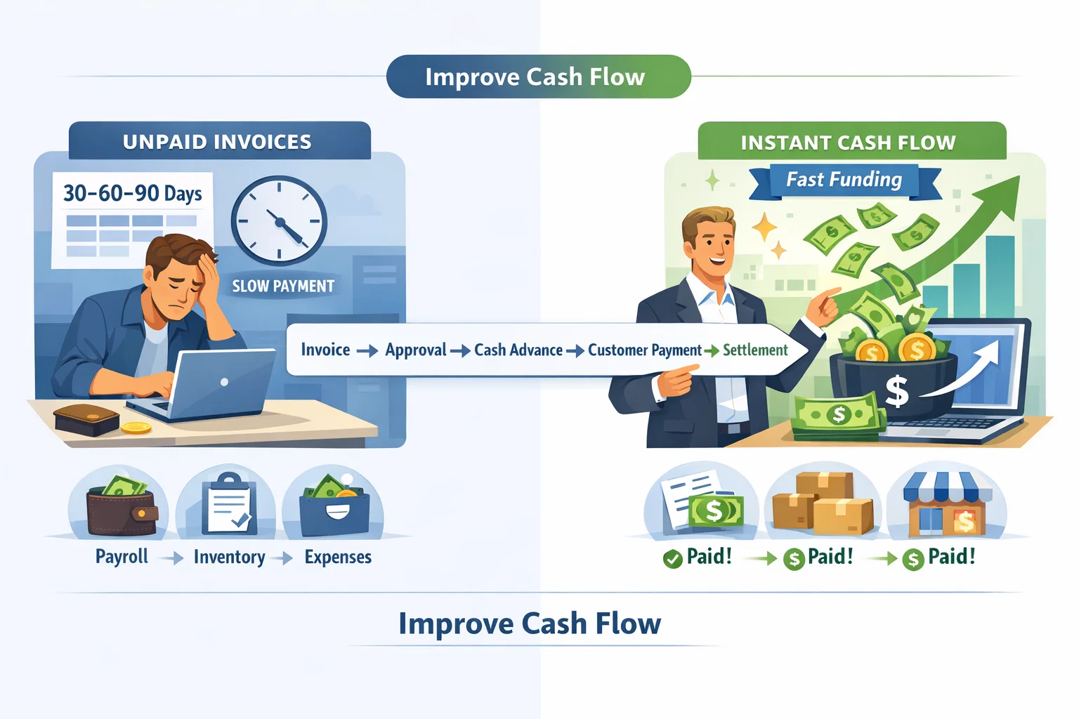 Small business using invoice financing to improve cash flow quickly Illustration showing unpaid invoices converted into immediate working capital