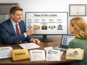 Client learning steps to file personal injury claim with lawyer Illustration showing legal process from evidence to settlement