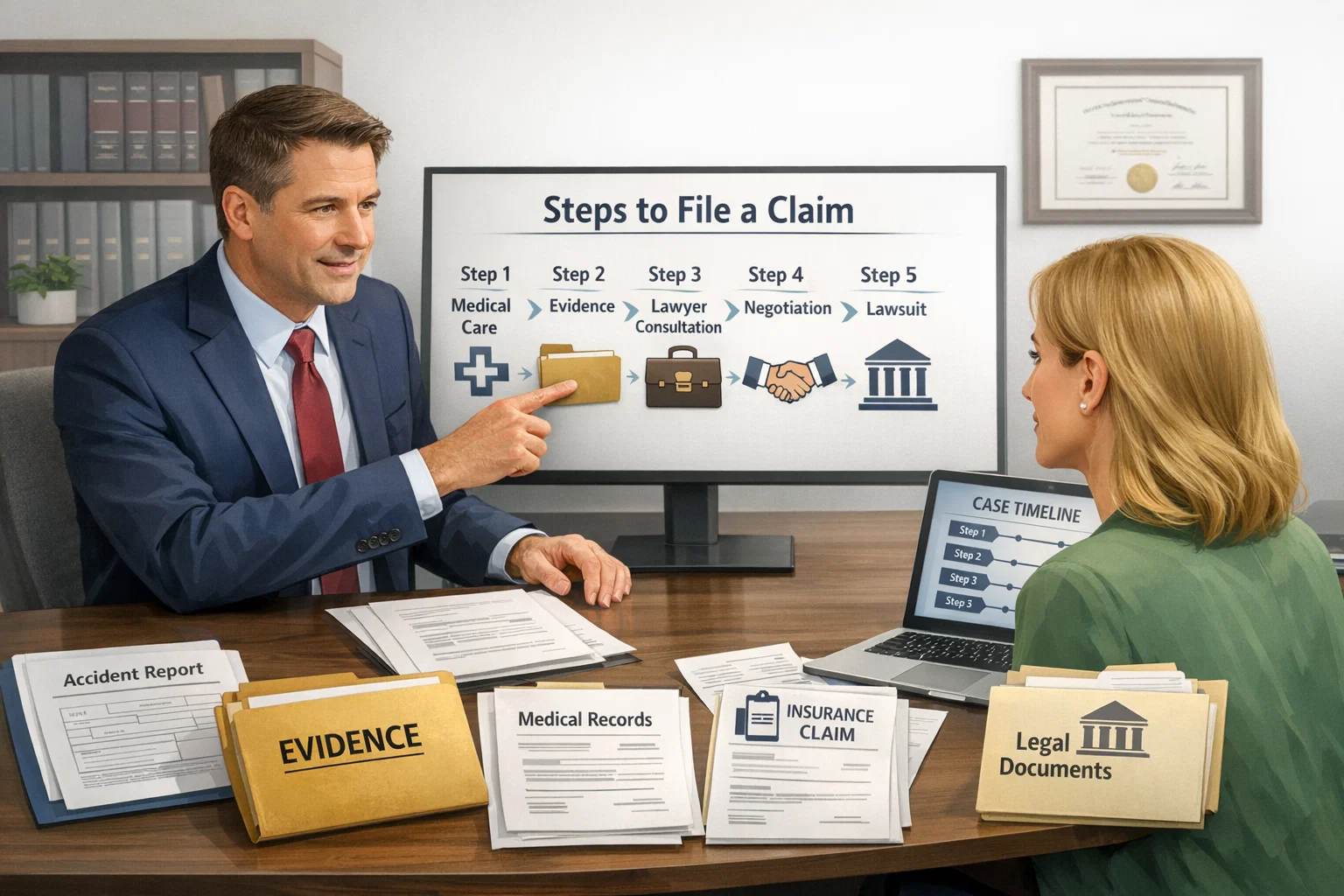 Client learning steps to file personal injury claim with lawyer Illustration showing legal process from evidence to settlement