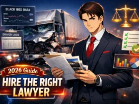 Truck accident lawyer reviewing crash evidence on highway scene Professional illustration showing how to choose the right law firmTruck accident lawyer reviewing crash evidence on highway scene Professional illustration showing how to choose the right law firm