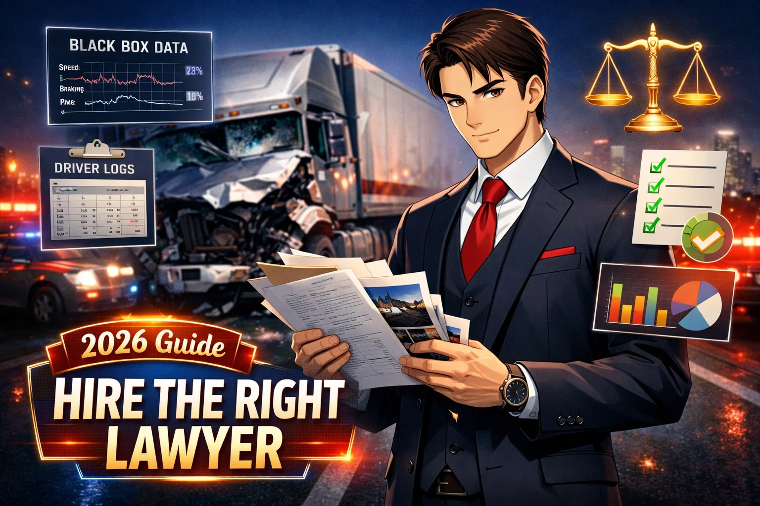 Truck accident lawyer reviewing crash evidence on highway scene Professional illustration showing how to choose the right law firmTruck accident lawyer reviewing crash evidence on highway scene Professional illustration showing how to choose the right law firm