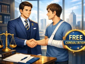 Personal injury lawyer offering free consultation to accident victim Professional legal help concept with law office and client meeting
