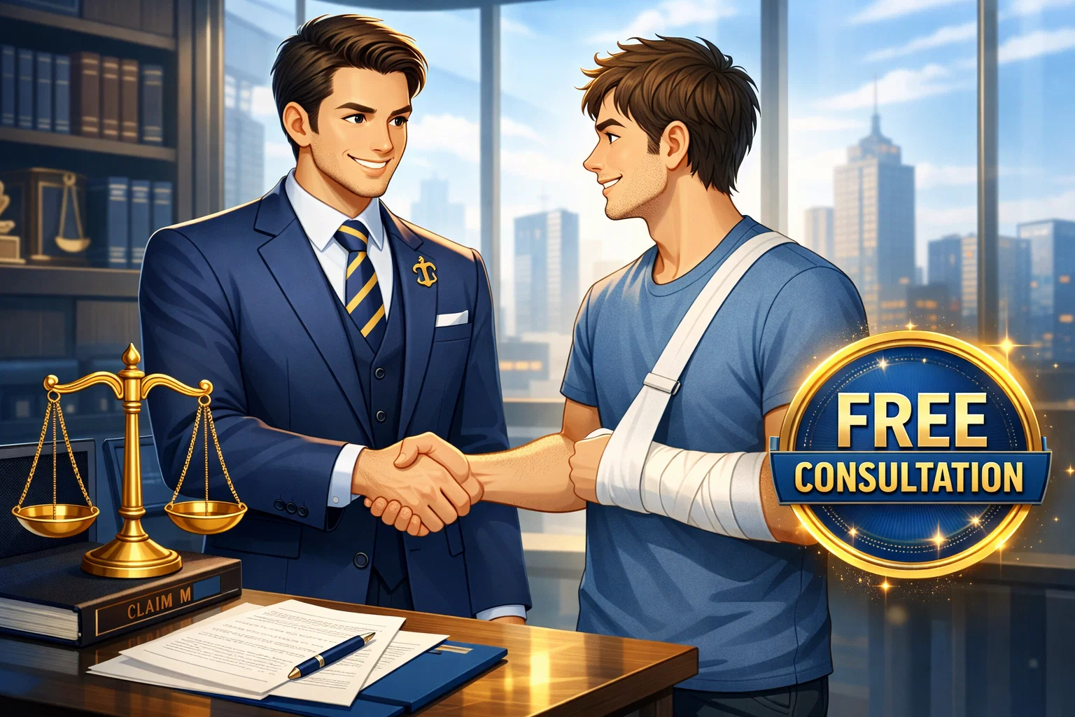 Personal injury lawyer offering free consultation to accident victim Professional legal help concept with law office and client meeting