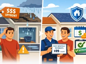 Homeowner choosing roofing company financing to avoid upfront costs Illustration showing roof repair with monthly payment options