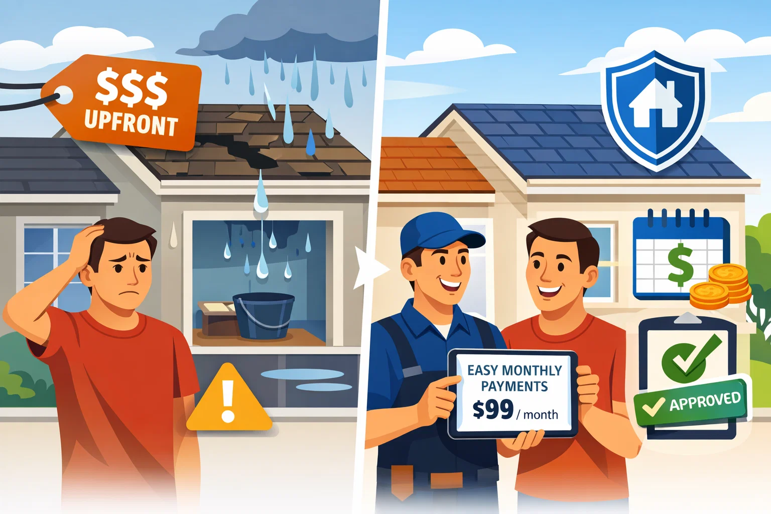 Homeowner choosing roofing company financing to avoid upfront costs Illustration showing roof repair with monthly payment options
