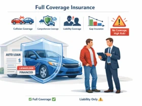 Financed car owner learning full coverage insurance requirements Illustration showing collision, comprehensive, and gap insurance protection