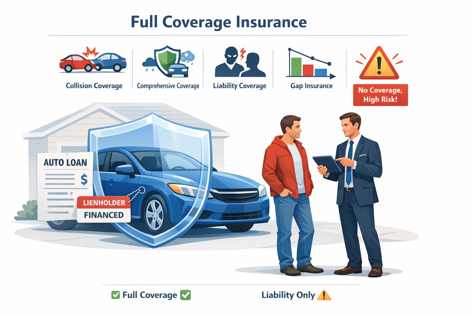 Financed car owner learning full coverage insurance requirements Illustration showing collision, comprehensive, and gap insurance protection