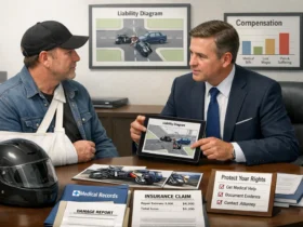 Motorcycle accident victim consulting lawyer about serious injury claim Illustration showing legal help for motorcycle crash compensation