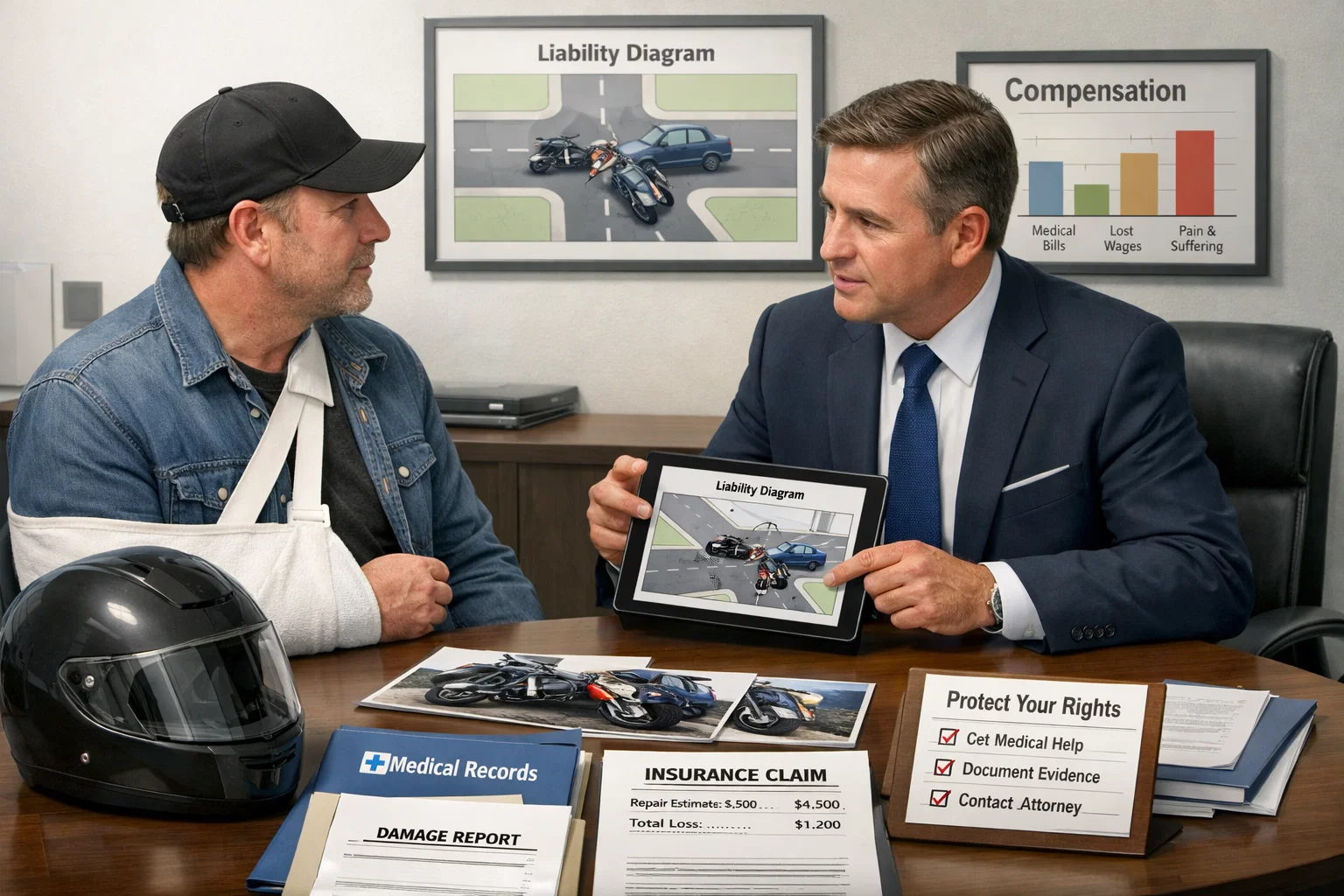 Motorcycle accident victim consulting lawyer about serious injury claim Illustration showing legal help for motorcycle crash compensation